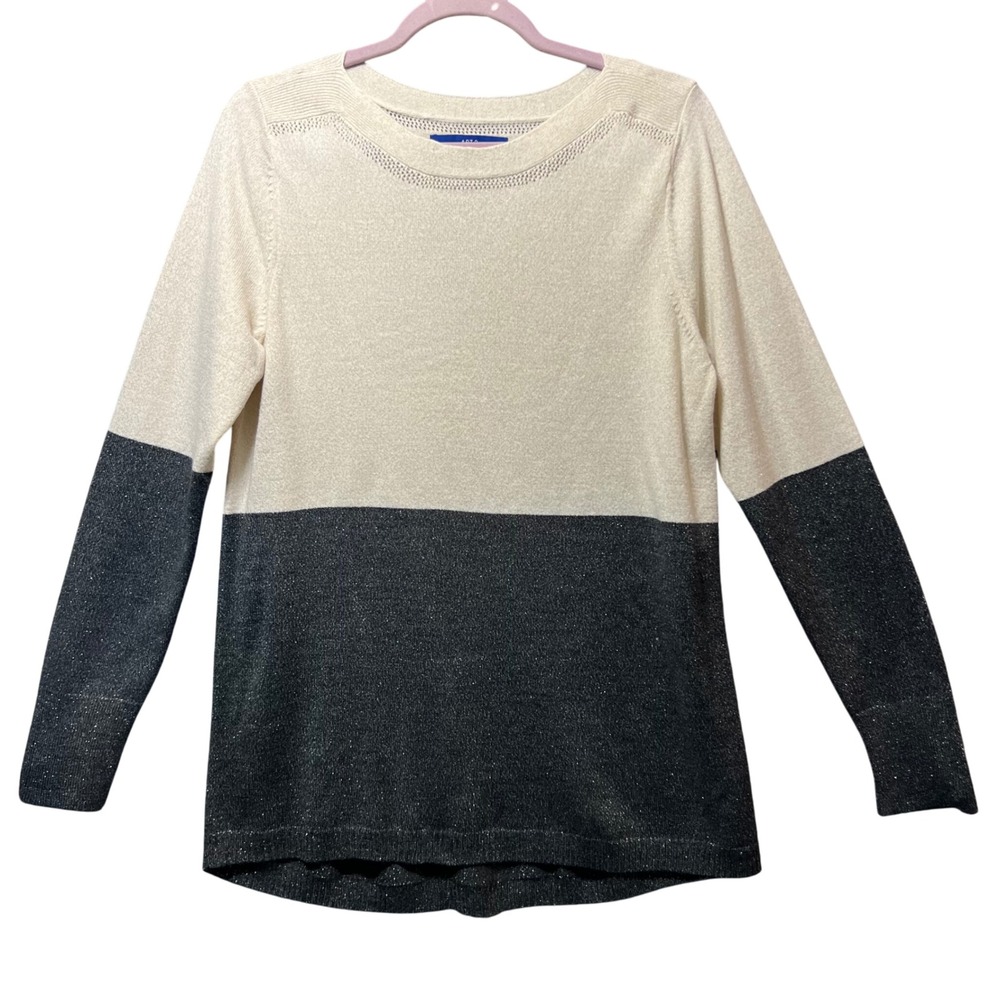 Apt 9‎ Colorblock Metallic Knit Sweater Shimmer Size M Cream Black Long Sleeve